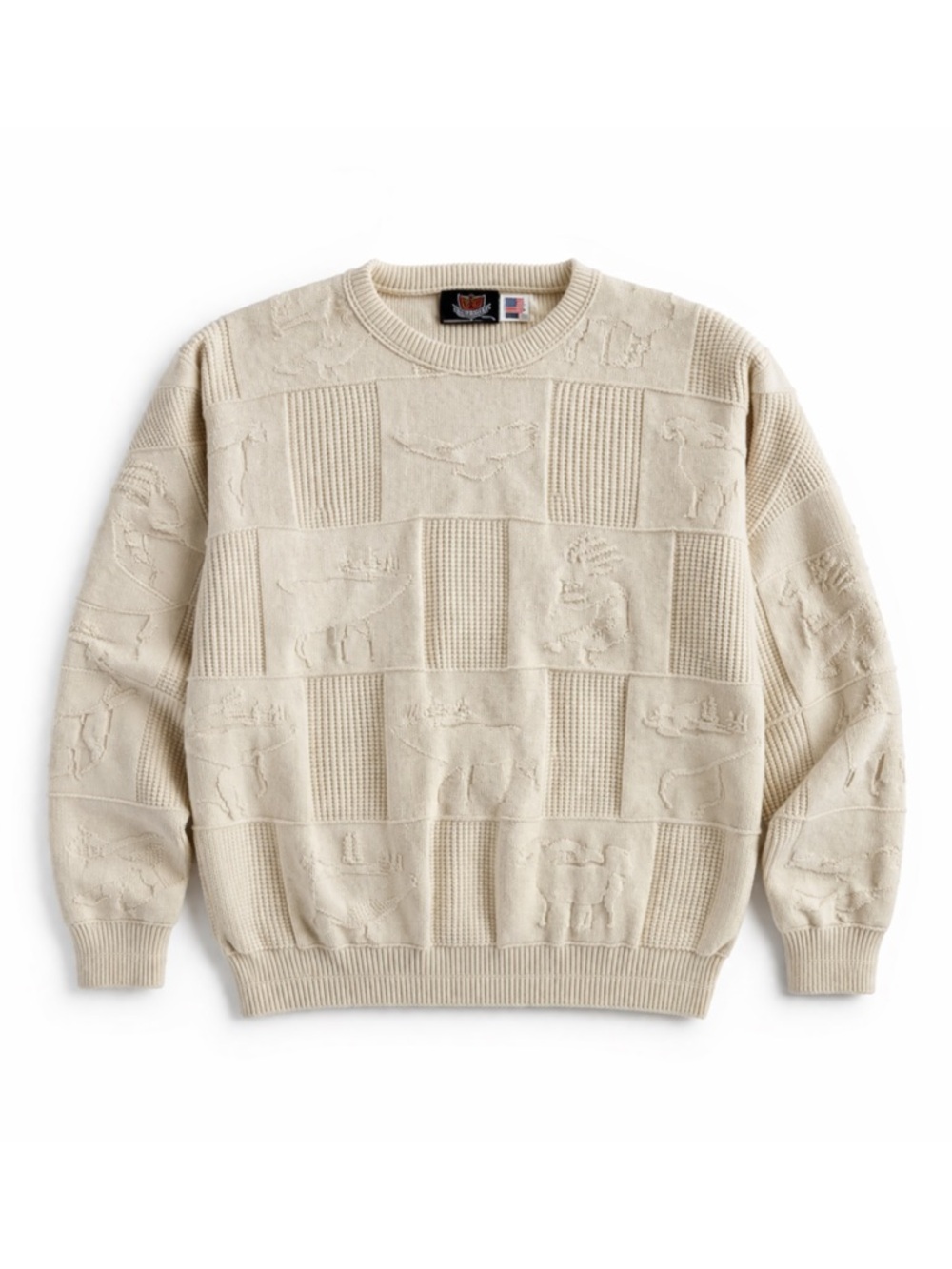 Vintage‎ Brimwick Moose Eagle Patchwork Cream Cotton Crewneck Sweater USA Made